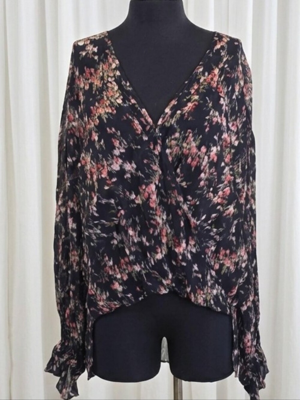 All Saints Black Floral V-Neck Long-Sleeve Women’s Top